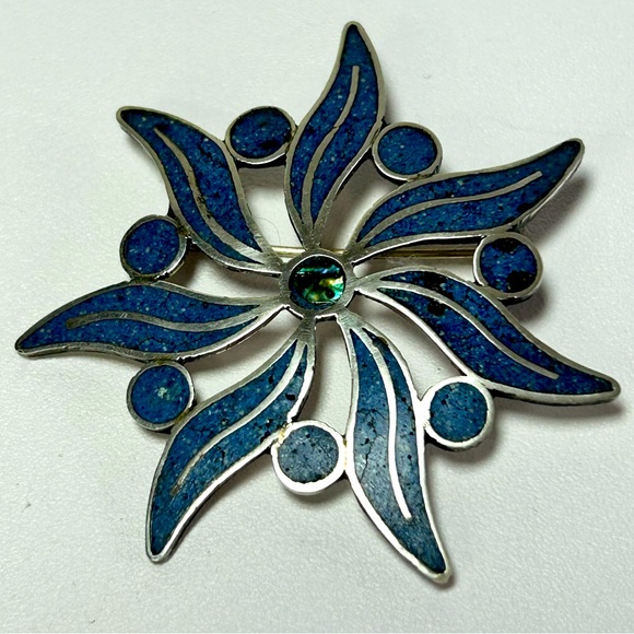 Vintage Taxco Mexico Sterling Silver 925 Stone Abalone Inlay Pinwheel Brooch